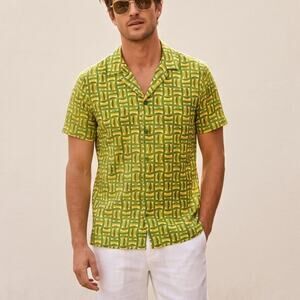MR TURK Men's Green Camp Collar Short Sleeve Shirt Geo print sz Medium